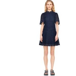 Rebecca Taylor Lace Sheath Dress Flutter Sleeves Navy Preppy Classy 100% Cotton